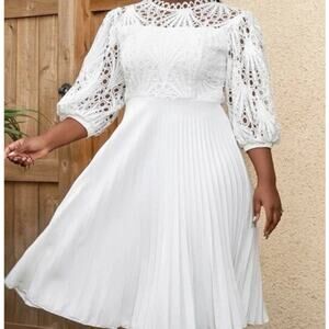 Evening Dress Womens Elegant‎ Pleated Dress Lace Patchwork Midi Dress 3xl